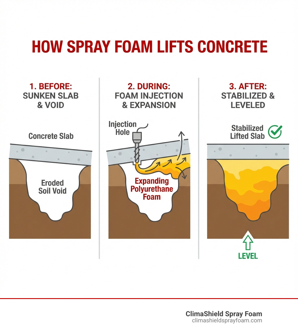 Infographic showing cross-section of concrete slab with void underneath, foam being injected through small drilled holes, foam expanding to fill void and lift slab back to level position, with labels for concrete slab, eroded soil void, injection hole, expanding polyurethane foam, and stabilized lifted slab - spray foam for lifting concrete infographic Infographic showing cross-section of concrete slab with void underneath, foam being injected through small drilled holes, foam expanding to fill void and lift slab back to level position, with labels for concrete slab, eroded soil void, injection hole, expanding polyurethane foam, and stabilized lifted slab - spray foam for lifting concrete infographic