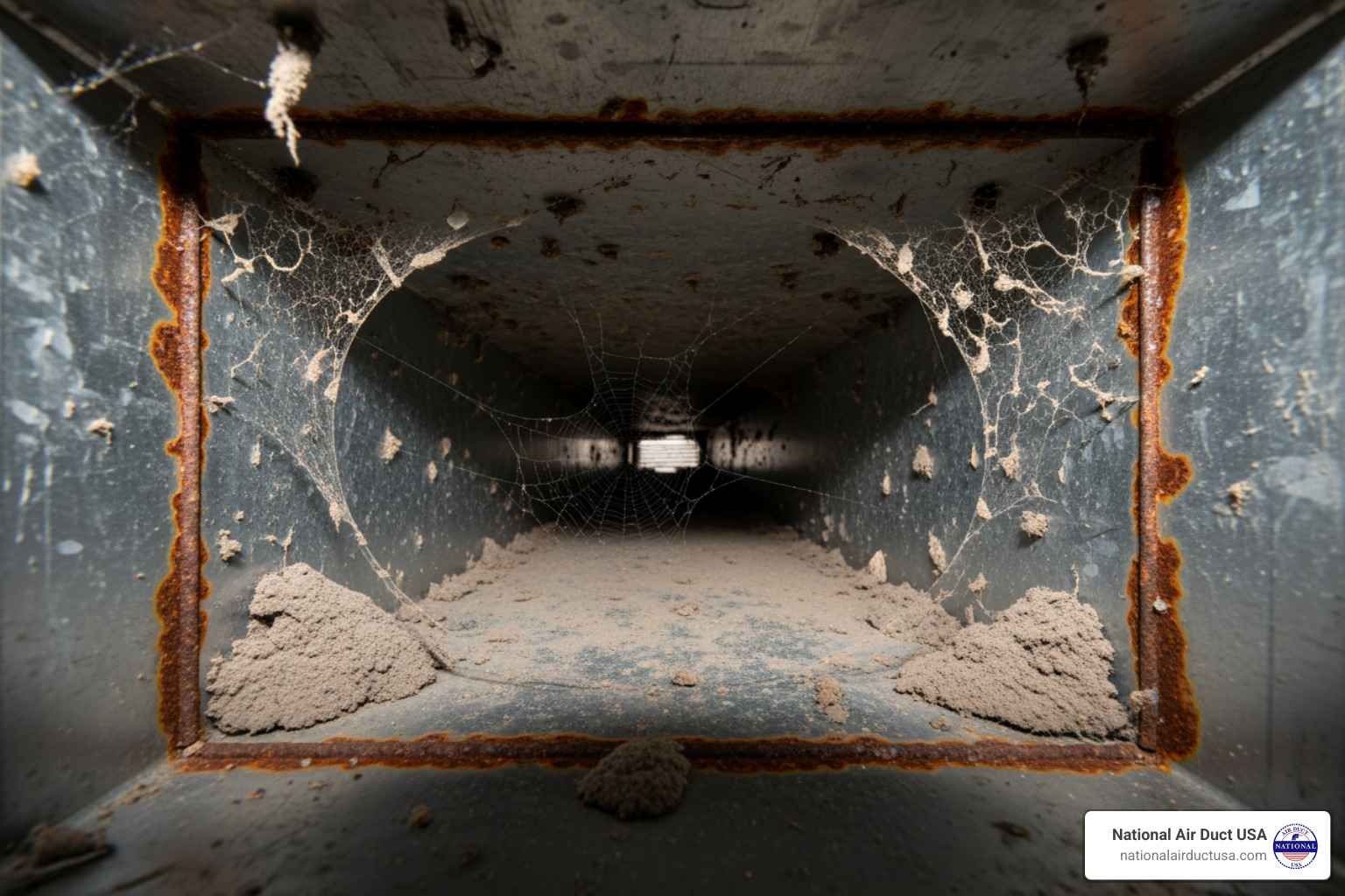 of a dirty, dusty air duct interior before cleaning - duct deodorizer