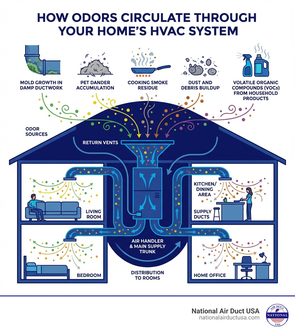 Infographic showing how odors from common sources like mold growth in damp ductwork, pet dander accumulation, cooking smoke residue, dust and debris buildup, and volatile organic compounds from household products circulate through a home's HVAC system and ductwork, entering through return vents, traveling through the air handler and main supply trunk, and distributing odor molecules to every room through supply registers - duct deodorizer infographic 