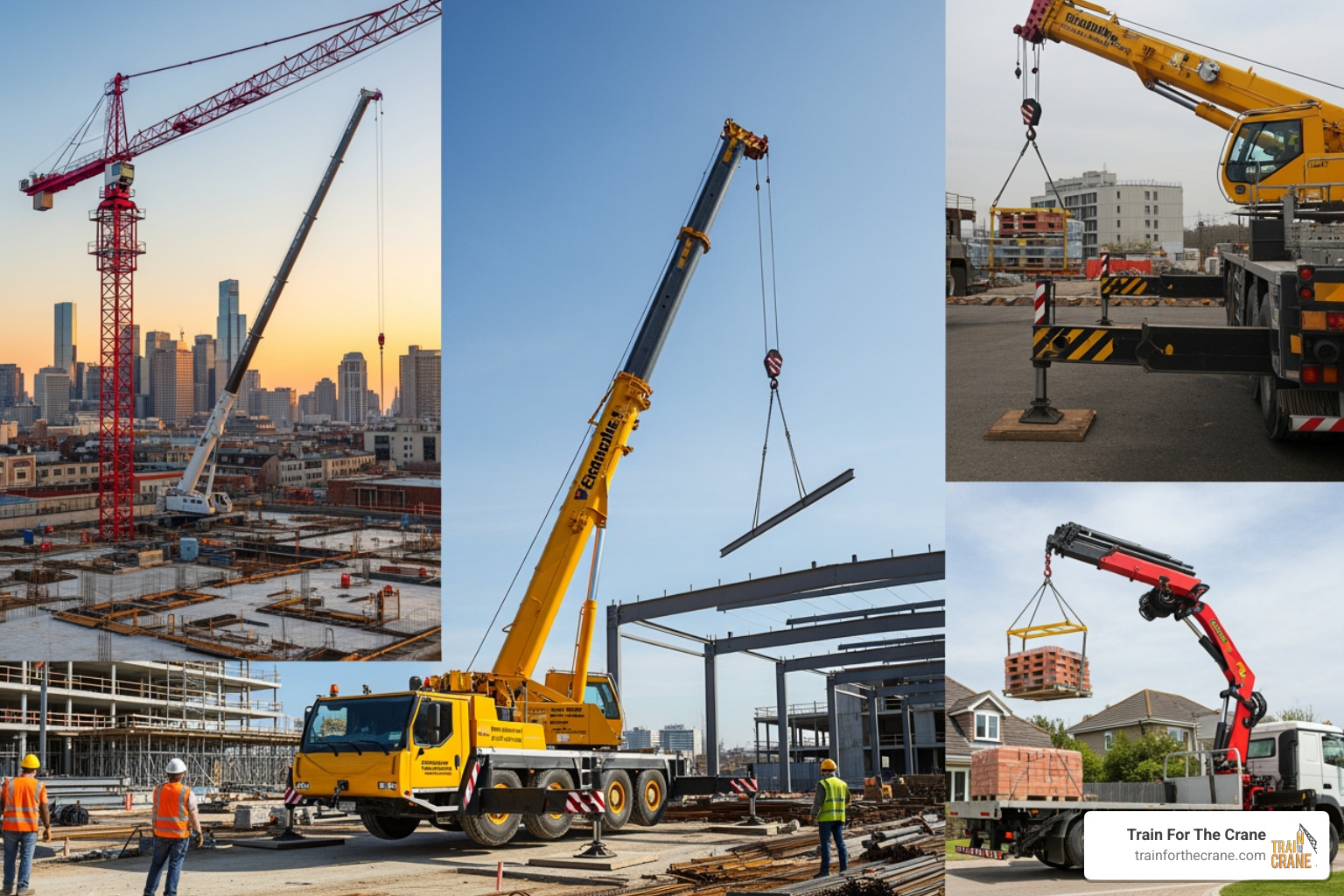 Collage of different crane types: mobile, tower, articulating - nccco meaning