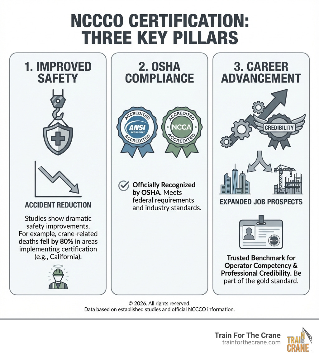 Infographic showing three key pillars of NCCCO certification: Improved Safety, OSHA Compliance, and Career Advancement. Improved Safety shows statistics on accident reduction. OSHA Compliance shows ANSI and NCCA accreditation badges. Career Advancement Opportunities displays expanded job prospects and professional credibility. - nccco meaning infographic 