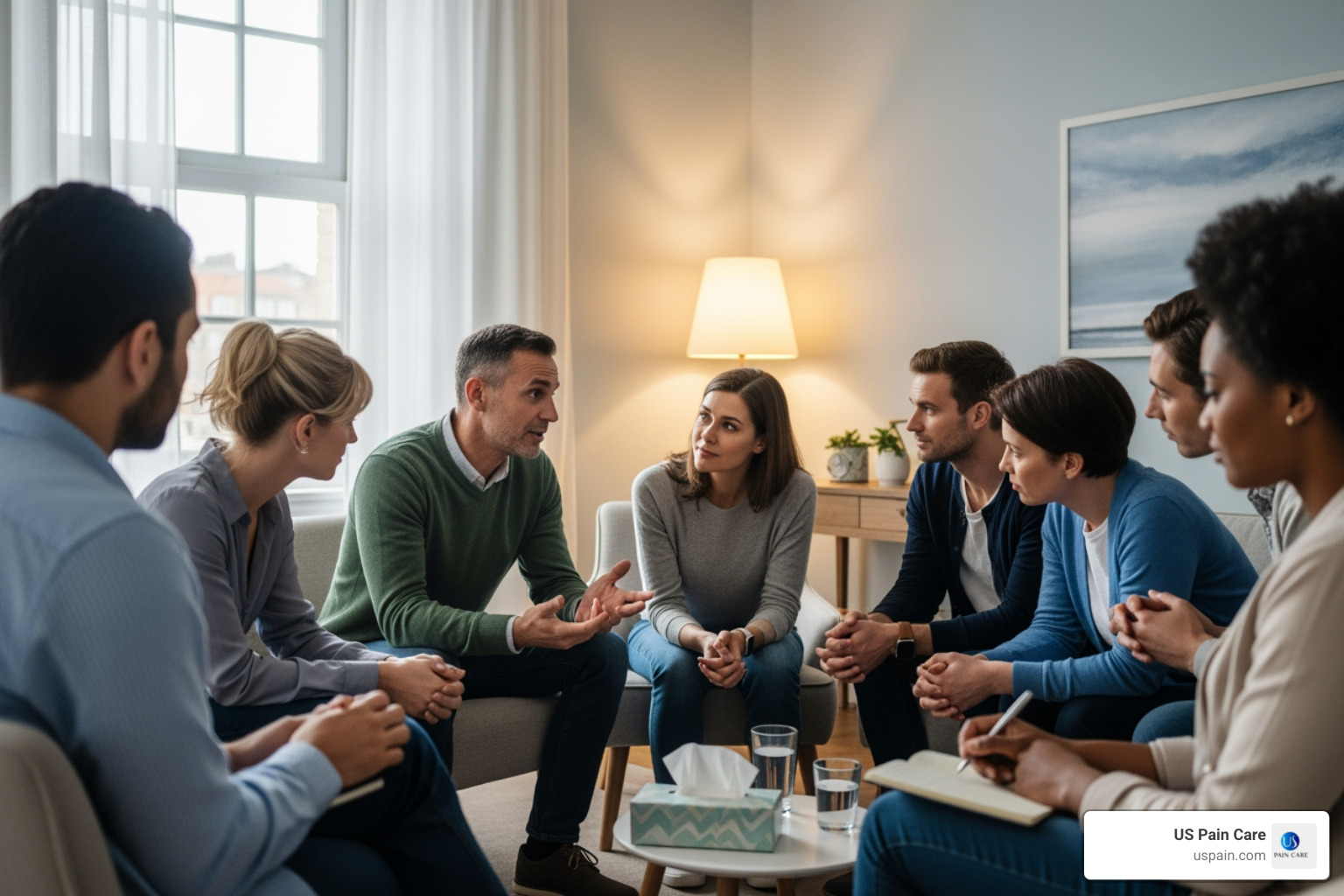 A calm and supportive group therapy session with diverse participants engaging in discussion. - mental health rehab
