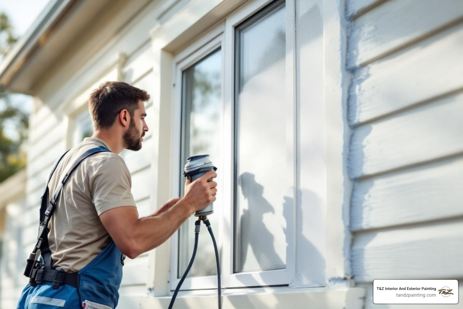 A painter carefully masking windows and trim on a house before spraying - house spray painting companies