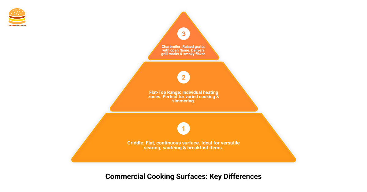 Infographic showing side-by-side comparison of three cooking surfaces: a commercial stainless steel griddle with flat continuous surface and grease tray, a charbroiler with raised grates and flame underneath, and a flat-top range with individual burner zones and separate heating elements, each labeled with their primary uses and key features - commercial stainless steel griddle infographic 3_stage_pyramid