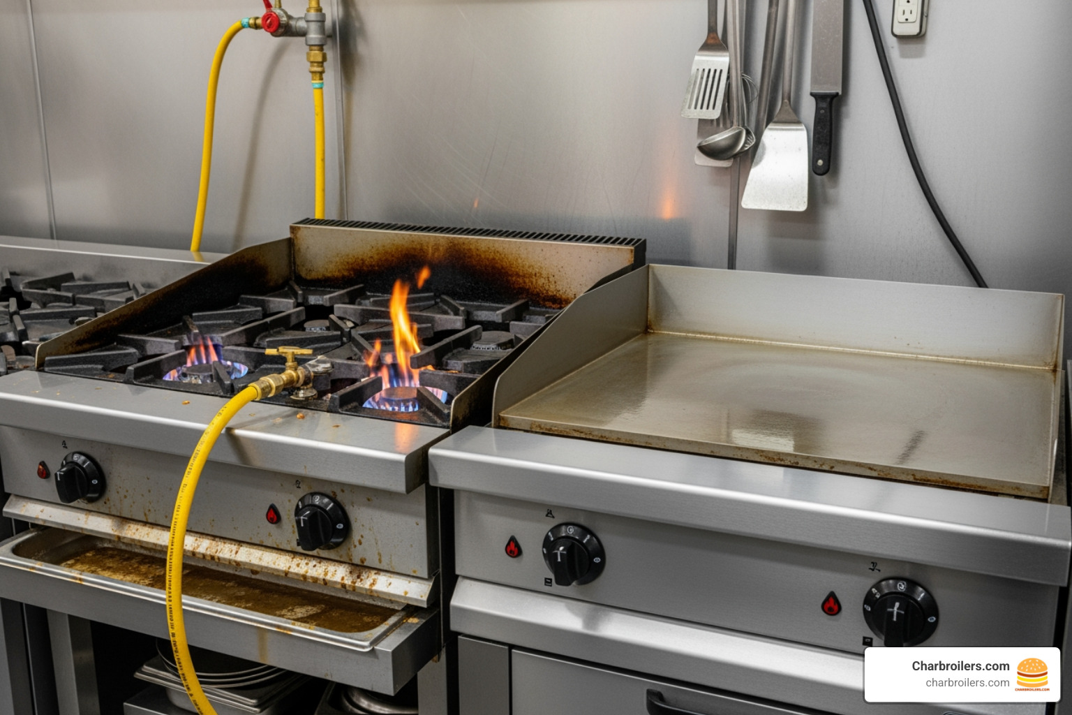two griddles side-by-side, one gas and one electric - commercial stainless steel griddle