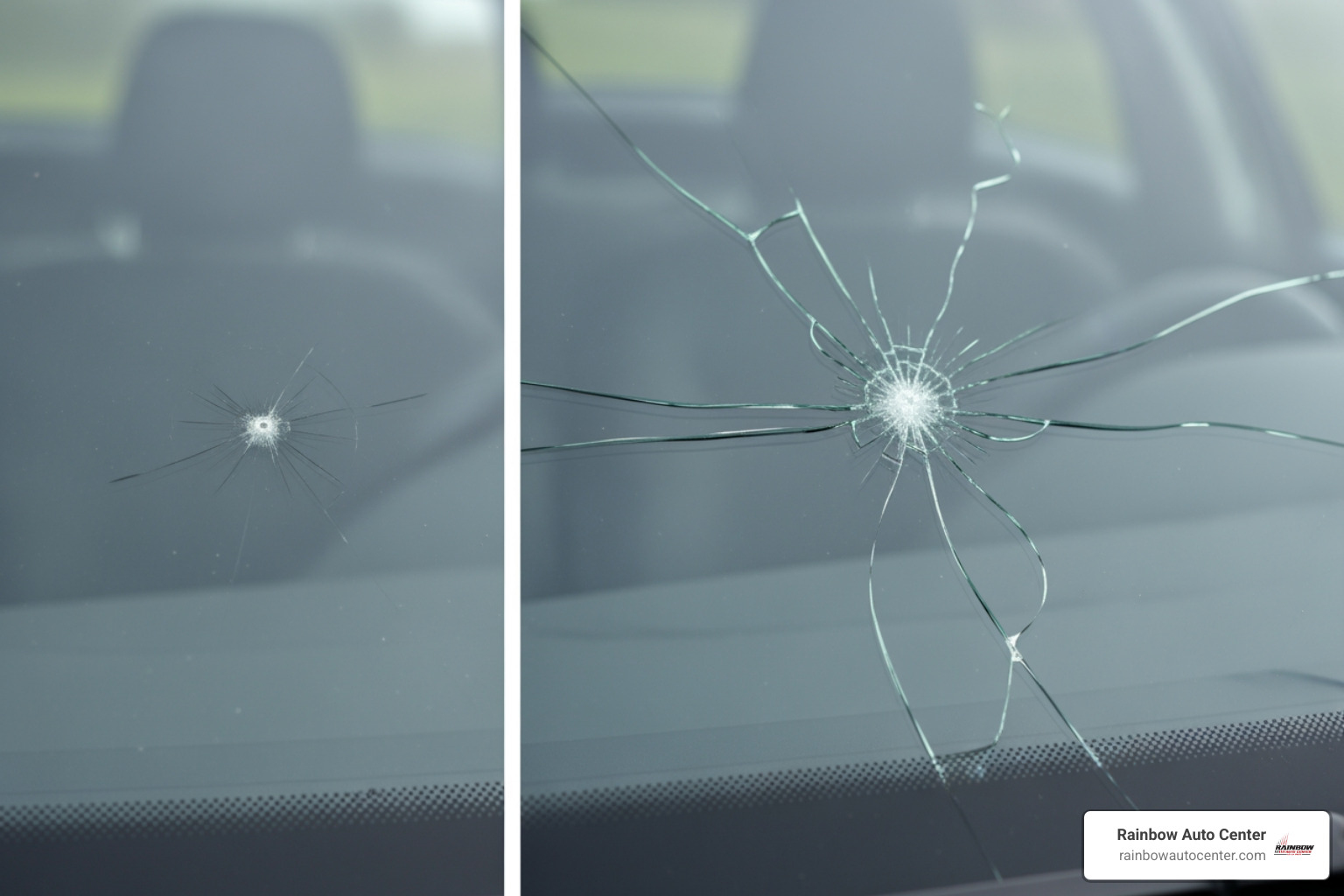 comparing a small, repairable rock chip to a long, unrepairable crack - quick windshield replacement