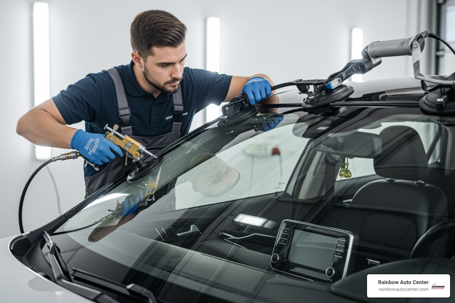 certified technician carefully installing a new windshield on a modern car - quick windshield replacement
