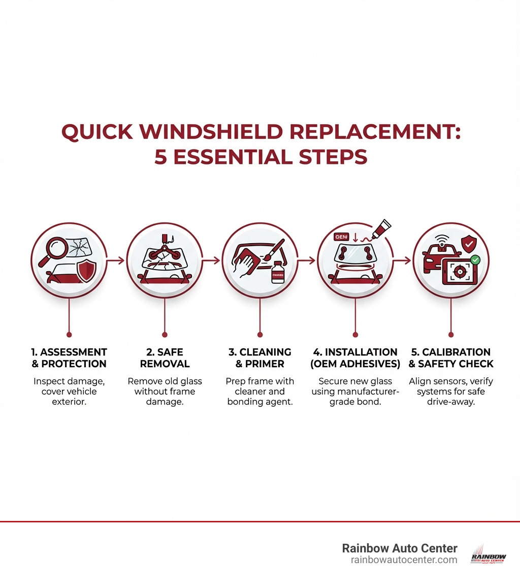 Infographic showing the 5 essential steps for quick windshield replacement: 1) Damage assessment and vehicle protection, 2) Safe removal of damaged glass, 3) Frame cleaning and primer application, 4) New windshield installation with OEM adhesives, 5) ADAS calibration and final safety check - quick windshield replacement infographic 
