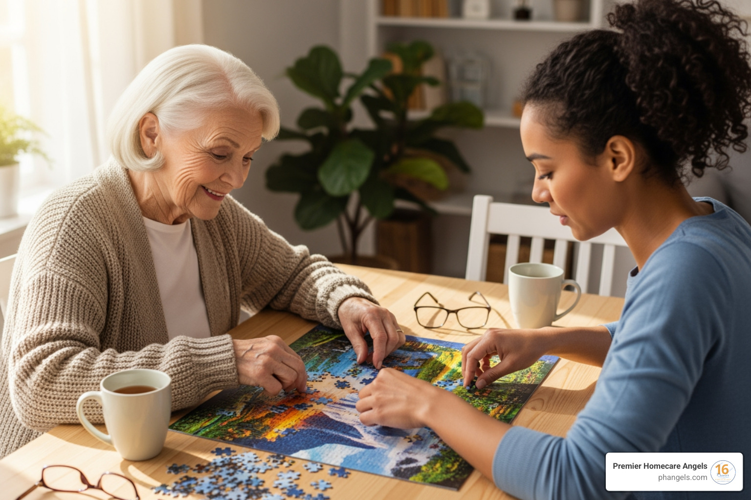 Senior and companion working on a puzzle together - companion for living Senior and companion working on a puzzle together - companion for living