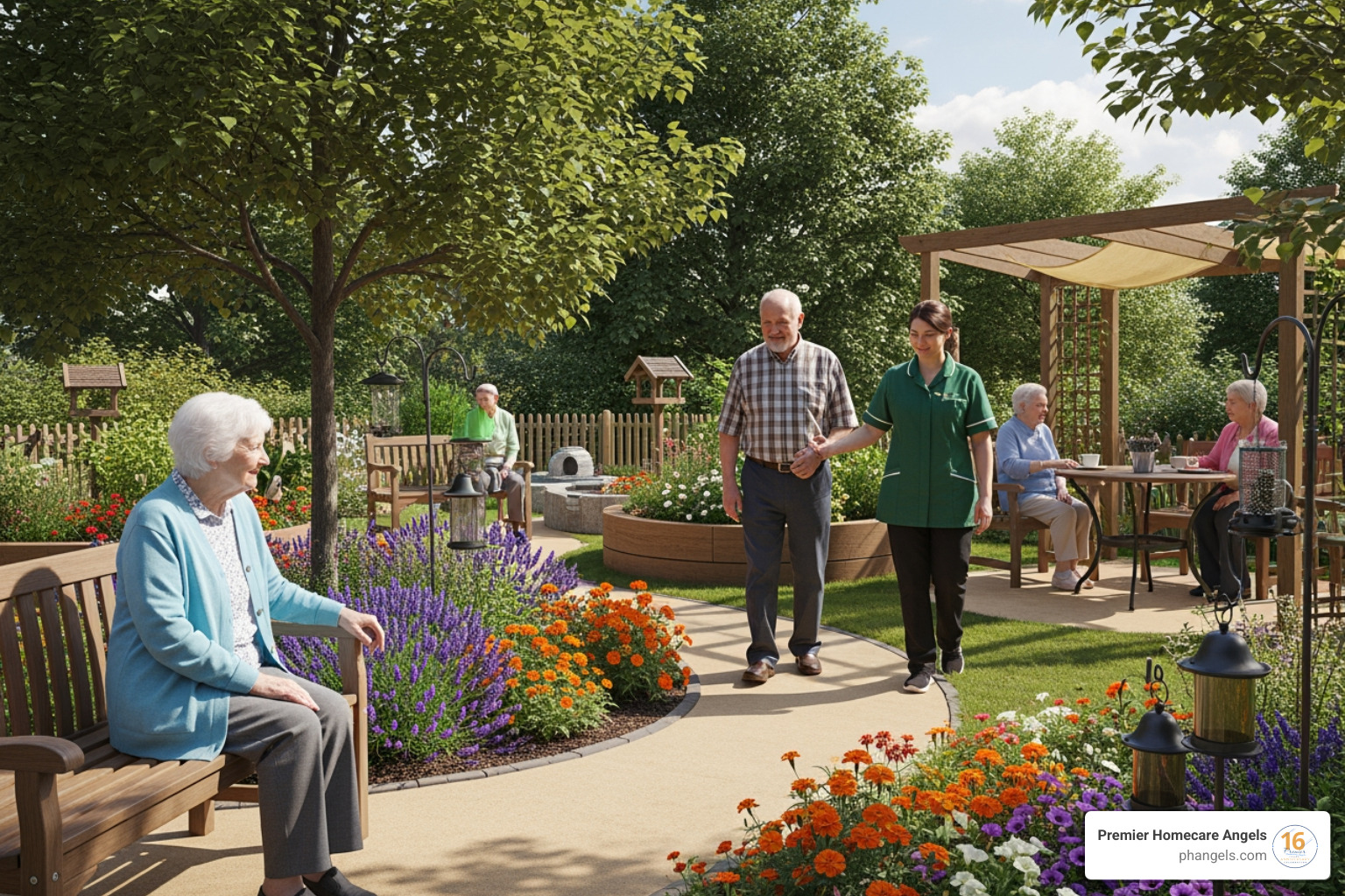 A secure, pleasant garden area at a dementia care facility with residents enjoying the outdoors - Dementia care Oakland