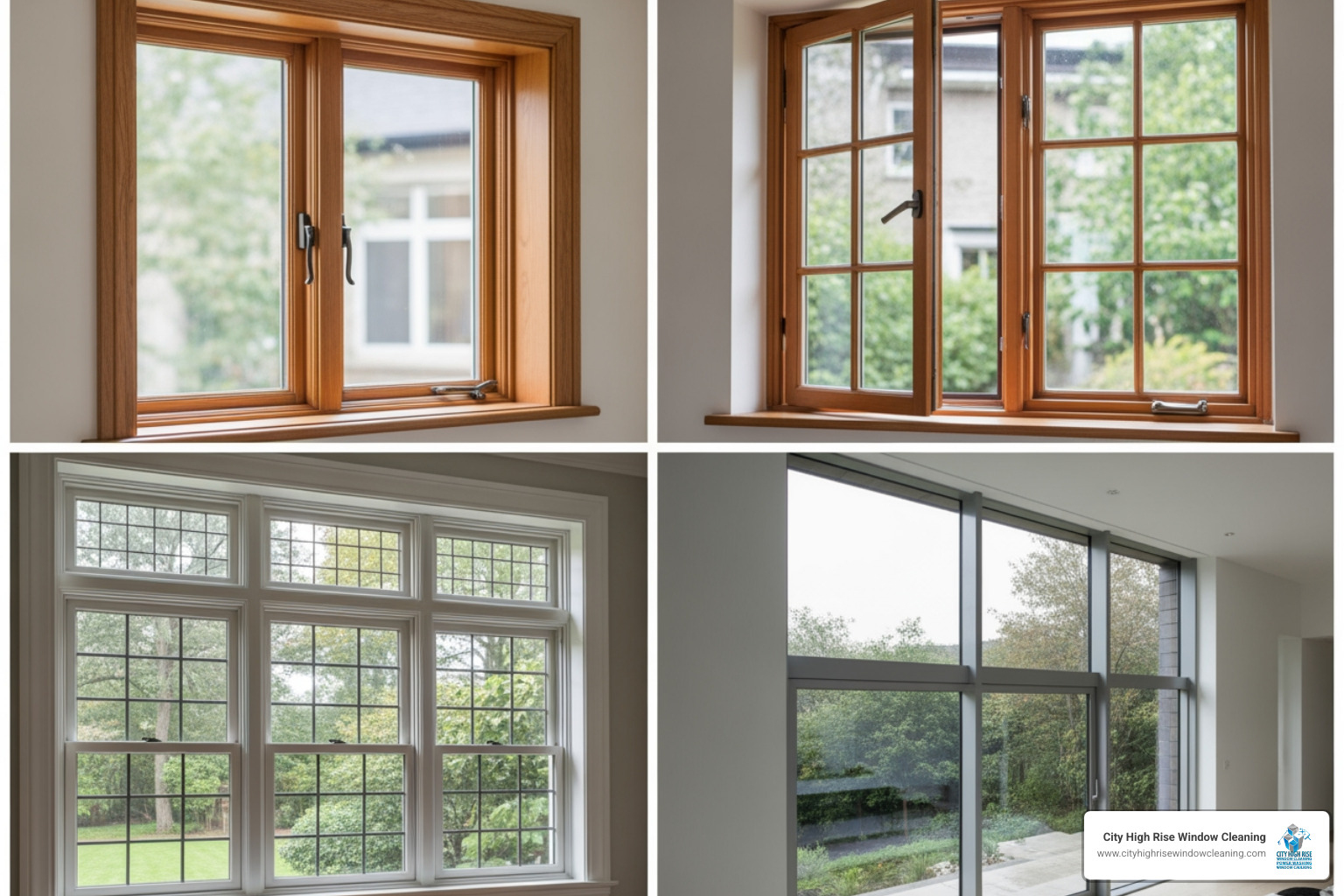 Collage of various window types: double-hung, casement, multi-pane, and floor-to-ceiling windows - window cleaning prices nyc Collage of various window types: double-hung, casement, multi-pane, and floor-to-ceiling windows - window cleaning prices nyc