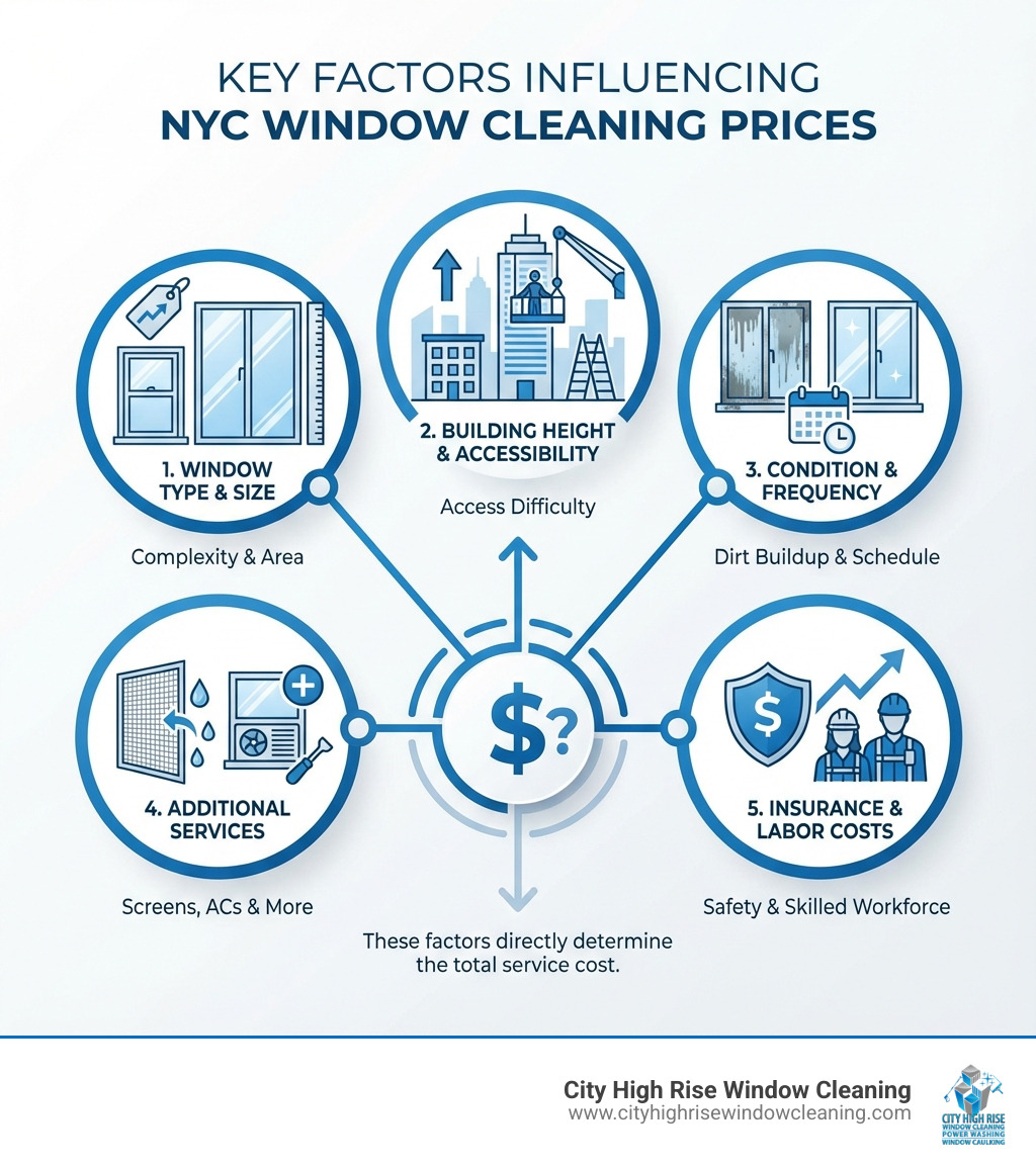 Infographic showing 5 key factors that influence window cleaning prices NYC: window type and size, building height and accessibility, window condition and frequency of cleaning, additional services like screen cleaning or AC removal, and insurance and labor costs - window cleaning prices nyc infographic Infographic showing 5 key factors that influence window cleaning prices NYC: window type and size, building height and accessibility, window condition and frequency of cleaning, additional services like screen cleaning or AC removal, and insurance and labor costs - window cleaning prices nyc infographic