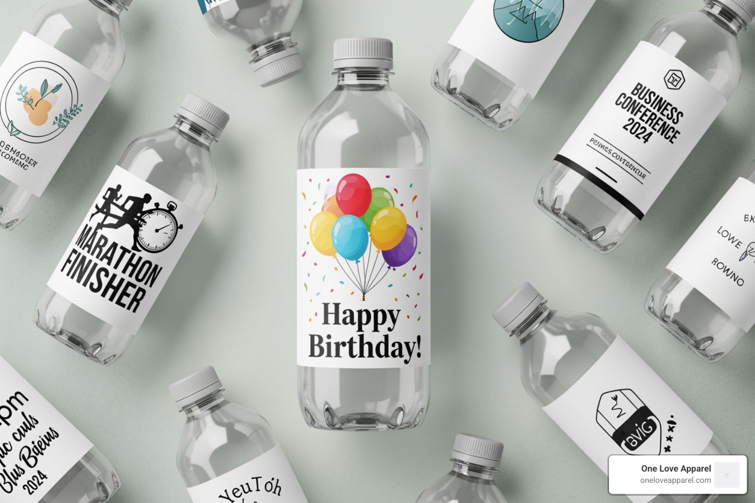 collage of water bottles with custom labels for different occasions: birthday party, marathon, business conference - buy water bottle labels collage of water bottles with custom labels for different occasions: birthday party, marathon, business conference - buy water bottle labels