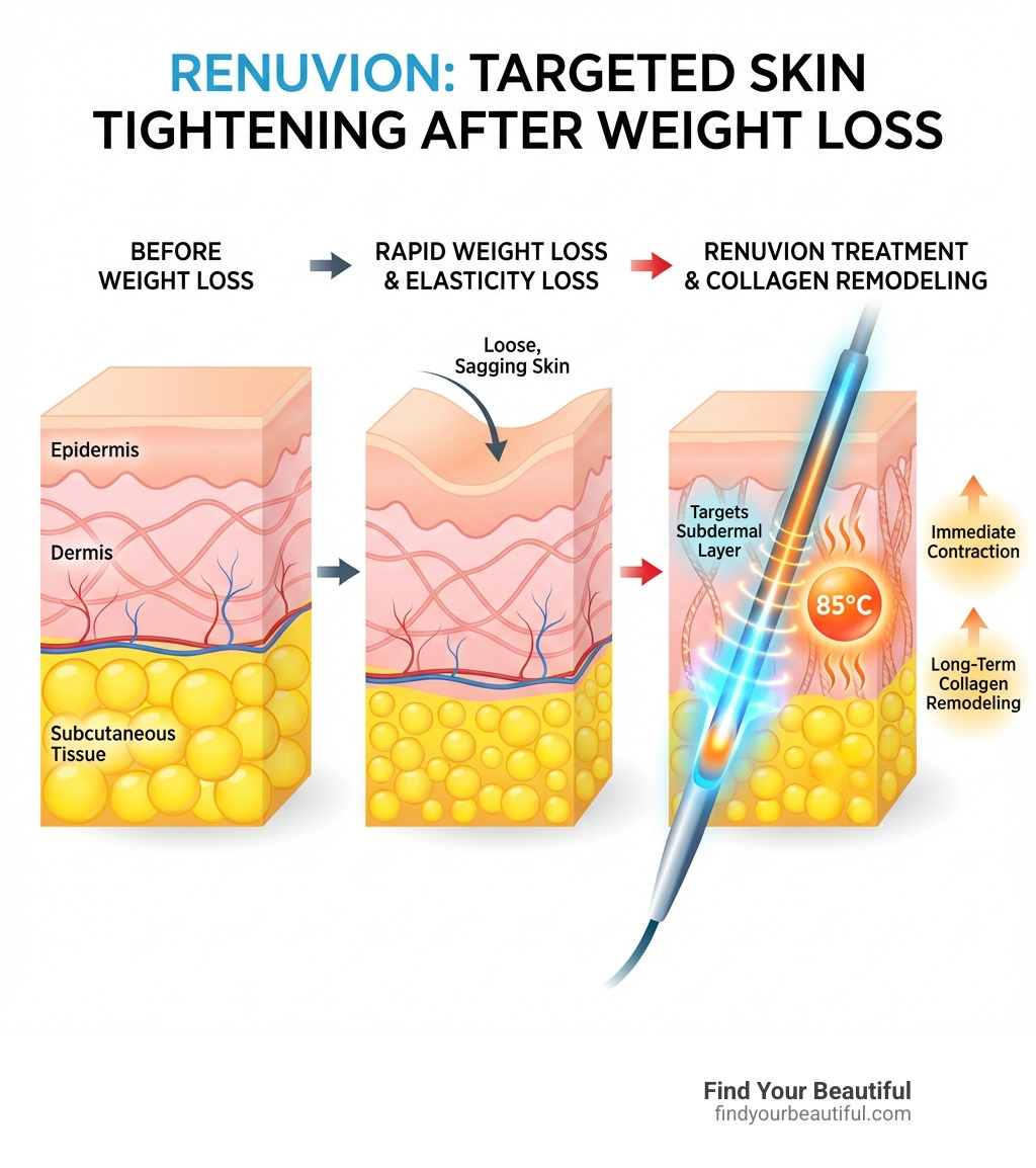 Infographic showing the skin anatomy layers (epidermis, dermis, subcutaneous tissue) and how weight loss causes skin to lose elasticity when fat volume decreases rapidly, with arrows indicating where Renuvion targets the subdermal layer to heat collagen fibers at 85°C for immediate contraction and long-term collagen remodeling - renuvion for loose skin after weight loss infographic 