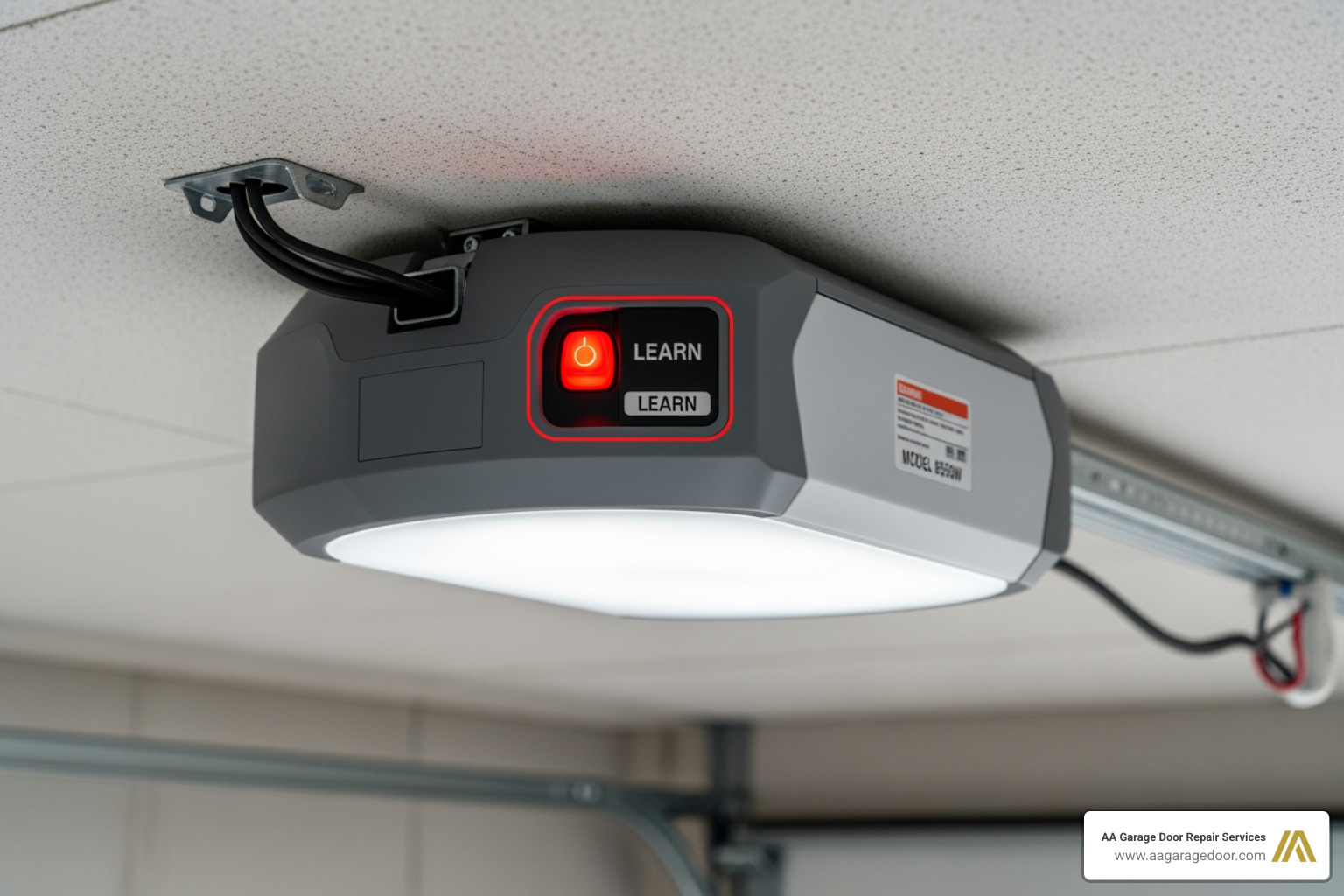 garage door opener motor unit on the ceiling with the 'Learn' button highlighted - change garage door remote code