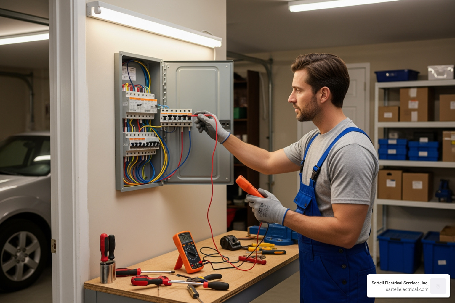 electrician inspecting residential electrical panel - electrical breaker box installation cost
