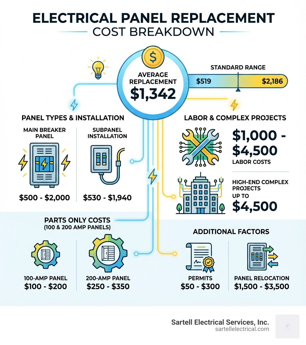 Infographic showing electrical panel replacement cost breakdown: Average replacement $1,342, standard range $519-$2,186, main breaker panel $500-$2,000, subpanel installation $530-$1,940, 100-amp panel $100-$200 parts only, 200-amp panel $250-$350 parts only, labor costs $1,000-$4,500, permits $50-$300, panel relocation $1,500-$3,500, and high-end complex projects up to $4,500 - electrical breaker box installation cost infographic 