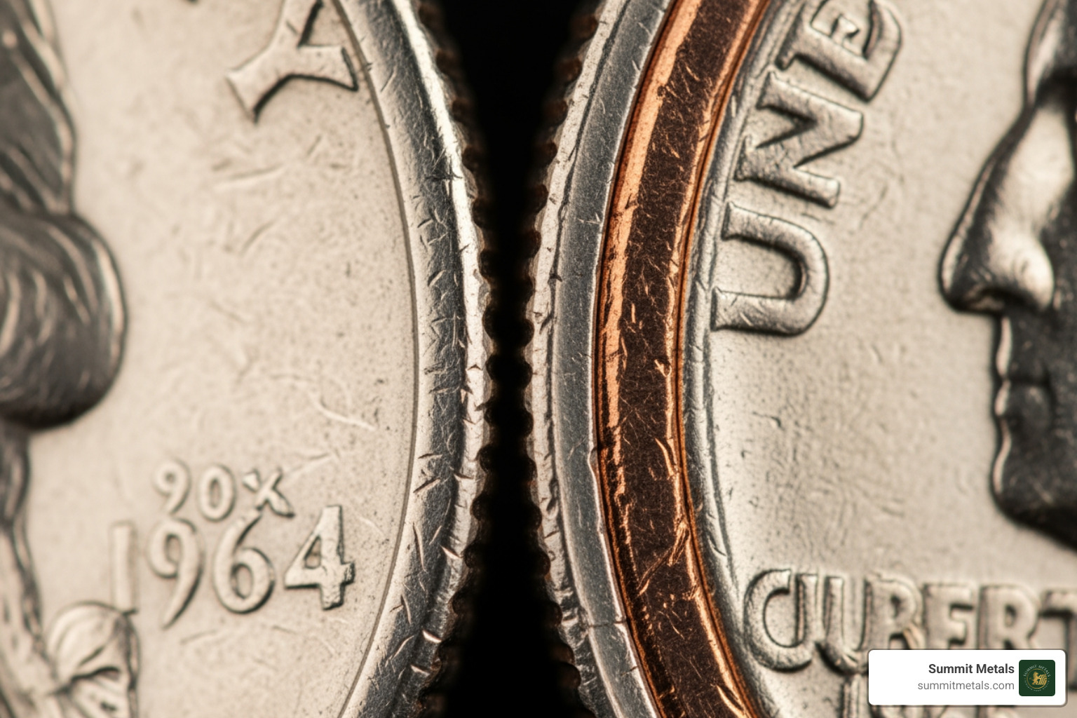 showing the silver edge of a 1964 quarter next to the copper edge of a 1965 quarter - 100 face value junk silver