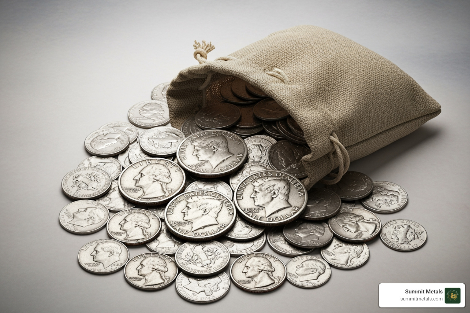 canvas bag filled with pre-1965 silver coins - 100 face value junk silver