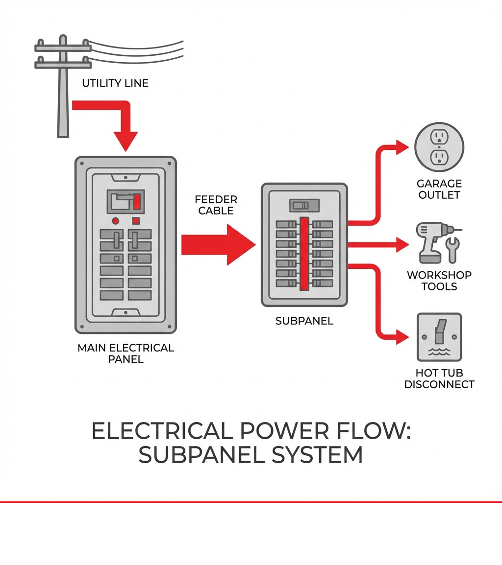 Infographic showing the flow of electrical power from the utility line through the main electrical panel, then branching to a subpanel via a feeder cable, which then distributes power to individual circuits such as a garage outlet, workshop tools, and a hot tub disconnect, with clear labels for each component - sub electric panel infographic Infographic showing the flow of electrical power from the utility line through the main electrical panel, then branching to a subpanel via a feeder cable, which then distributes power to individual circuits such as a garage outlet, workshop tools, and a hot tub disconnect, with clear labels for each component - sub electric panel infographic