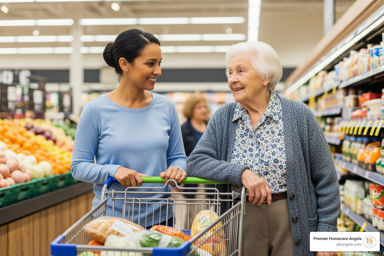 caregiver assisting senior with groceries - care and companions