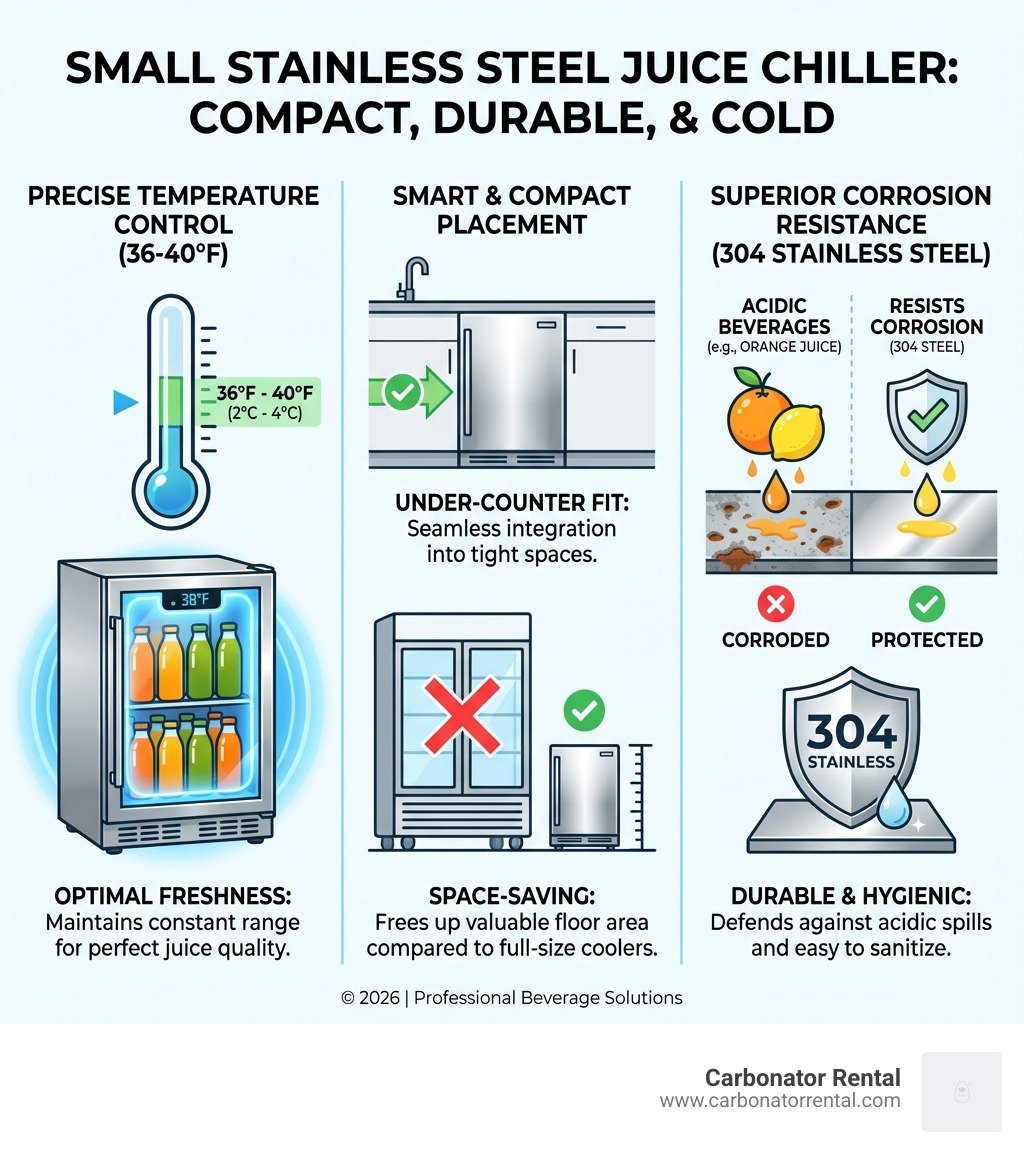 Infographic showing how small stainless steel juice chillers maintain 36-40°F temperature range, with diagrams of compact under-counter placement, stainless steel corrosion resistance against acidic beverages, and space-saving dimensions compared to full-size commercial coolers - small stainless steel juice cooler chiller infographic 