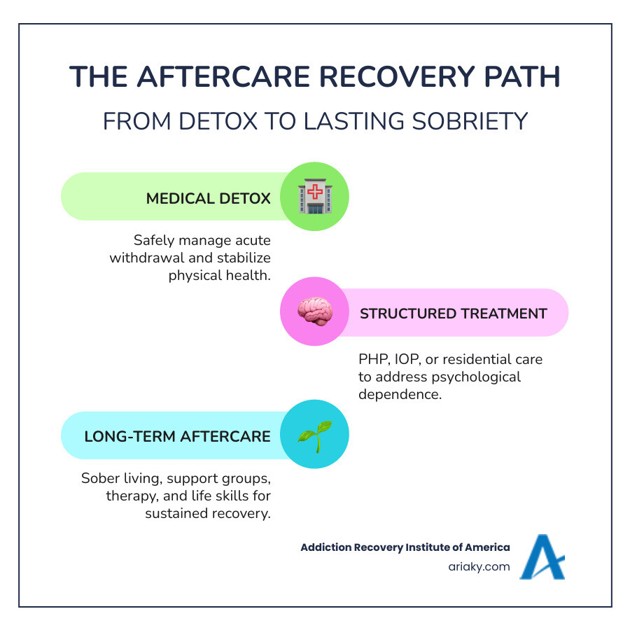 infographic showing the recovery path from medical detox through residential treatment, PHP, IOP, outpatient care, sober living, ongoing support groups, and long-term maintenance with therapy and lifestyle changes - alcohol detox aftercare infographic infographic-line-3-steps-colors
