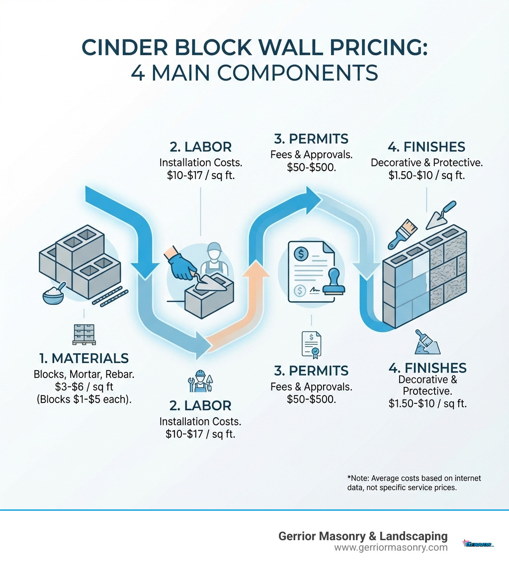 Infographic showing the four main components of cinder block wall pricing: Materials, Labor, Permits, and Finishes. - cinder block wall price infographic 