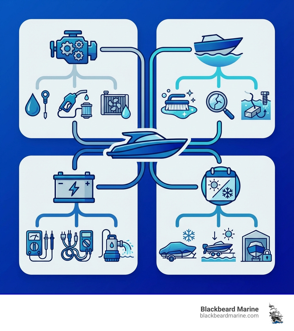 Infographic showing the four pillars of boat maintenance: Engine Care (oil changes, fuel system, cooling system), Hull Integrity (cleaning, inspection, anode replacement), Electrical Systems (battery testing, wiring checks, bilge pump), and Seasonal Prep (winterization, spring commissioning, storage protection) - Boat maintenance plans infographic 
