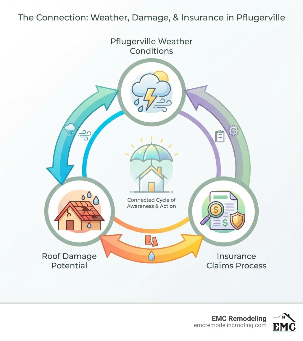 infographic showing how Pflugerville weather, roof damage, and insurance claims are connected - roofing services pflugerville infographic 