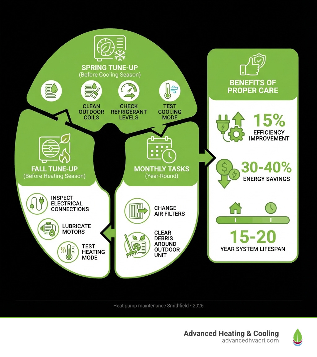 Infographic showing heat pump maintenance schedule: Spring tune-up before cooling season includes cleaning outdoor coils, checking refrigerant levels, and testing cooling mode; Fall tune-up before heating season includes inspecting electrical connections, lubricating motors, and testing heating mode; Monthly tasks include changing air filters and clearing debris around outdoor unit; Benefits shown as 15% efficiency improvement, 30-40% energy savings, and 15-20 year system lifespan with proper care - Heat pump maintenance Smithfield infographic 