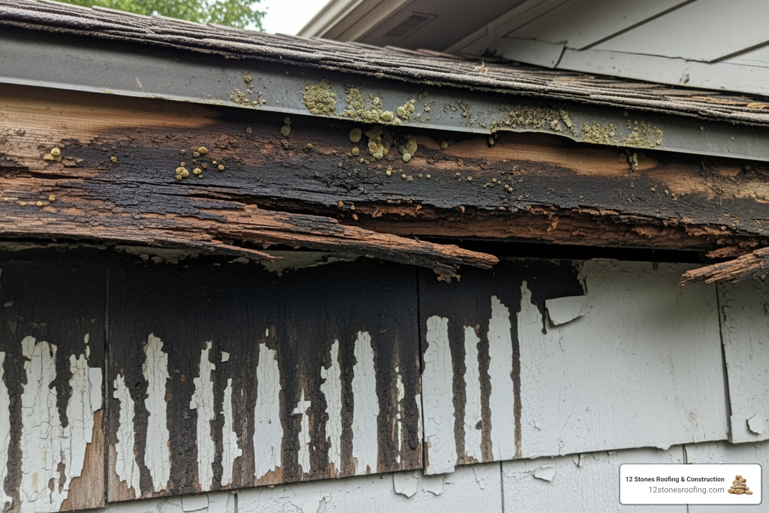 rotted fascia board and stained siding on a house without a drip edge - drip edge installation cost