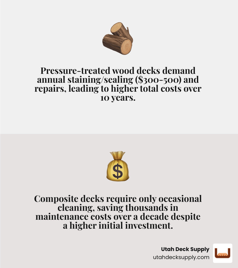Infographic comparing 10-year total cost and maintenance requirements between pressure-treated wood deck and composite deck, showing wood requiring annual staining/sealing at $300-500 per year plus repairs, versus composite requiring only occasional cleaning, with composite saving thousands over the decade despite higher upfront cost - composite deck lumber infographic 2_facts_emoji_grey Infographic comparing 10-year total cost and maintenance requirements between pressure-treated wood deck and composite deck, showing wood requiring annual staining/sealing at $300-500 per year plus repairs, versus composite requiring only occasional cleaning, with composite saving thousands over the decade despite higher upfront cost - composite deck lumber infographic 2_facts_emoji_grey