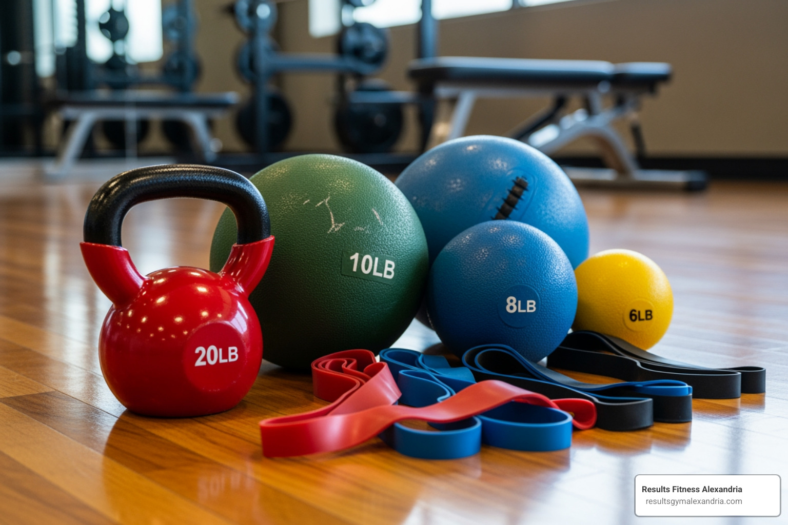 Various bootcamp equipment like kettlebells, resistance bands, and medicine balls - bootcamp exercise class