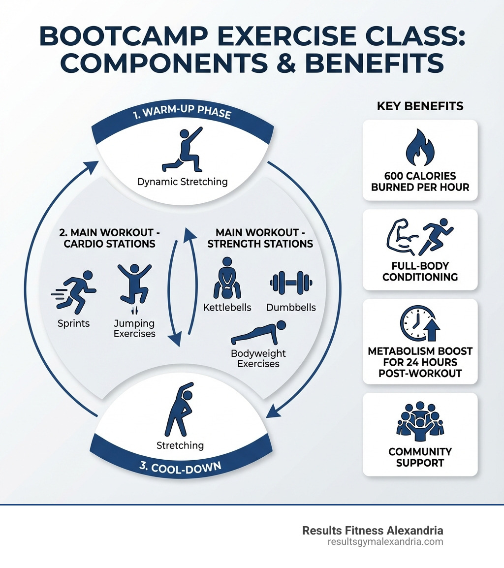Infographic showing bootcamp exercise class components: warm-up phase with dynamic stretching, main workout alternating between cardio stations (sprints, jumping exercises) and strength stations (kettlebells, dumbbells, bodyweight exercises), cool-down with stretching, plus key benefits including 600 calories burned per hour, full-body conditioning, metabolism boost for 24 hours post-workout, and community support - bootcamp exercise class infographic 