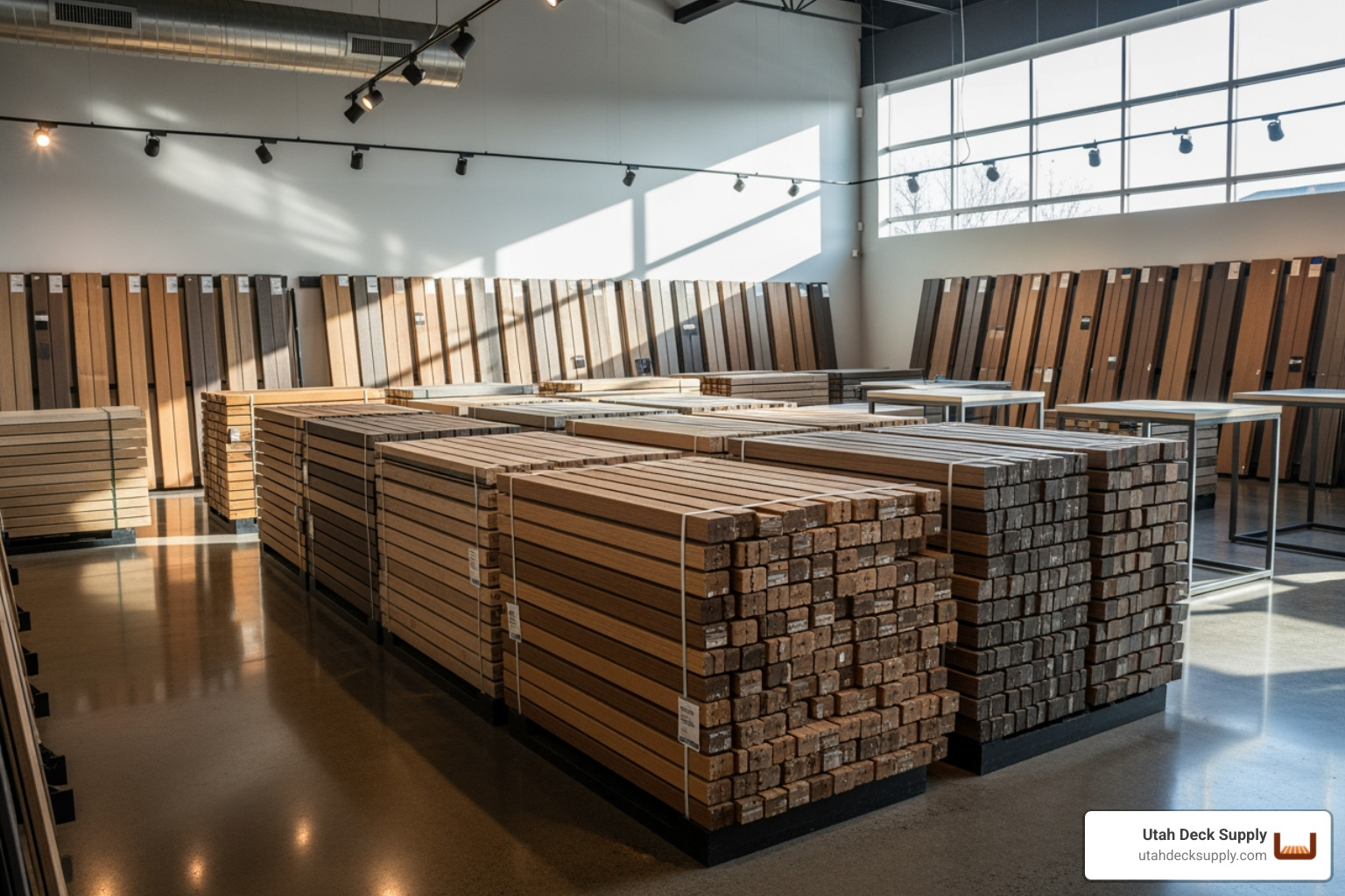 Utah Deck Supply showroom with stacks of composite deck boards - composite deck lumber Utah Deck Supply showroom with stacks of composite deck boards - composite deck lumber