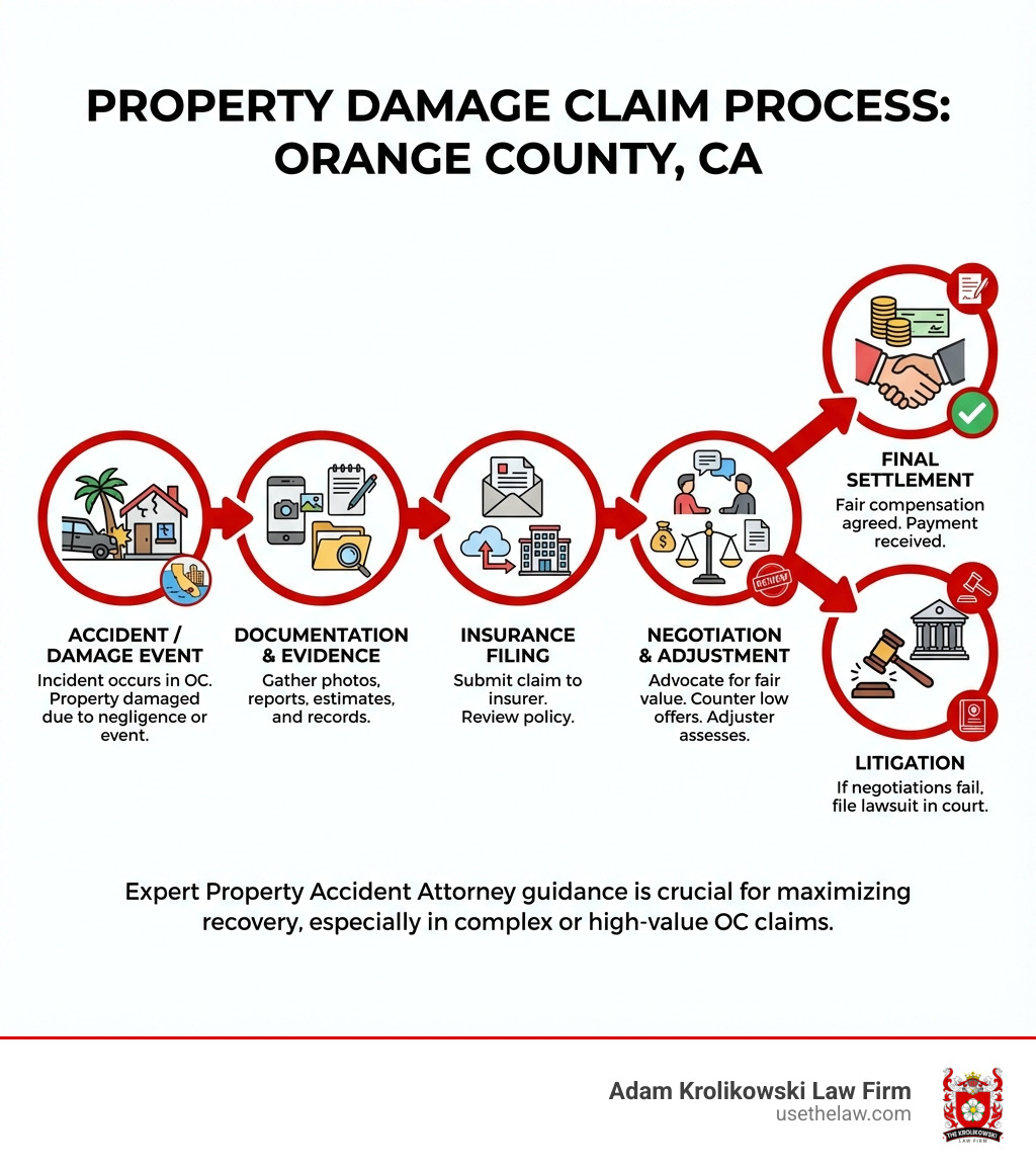 infographic showing the property damage claim process from accident through documentation, insurance filing, negotiation, and final settlement or litigation in Orange County California - property accident attorney infographic infographic showing the property damage claim process from accident through documentation, insurance filing, negotiation, and final settlement or litigation in Orange County California - property accident attorney infographic