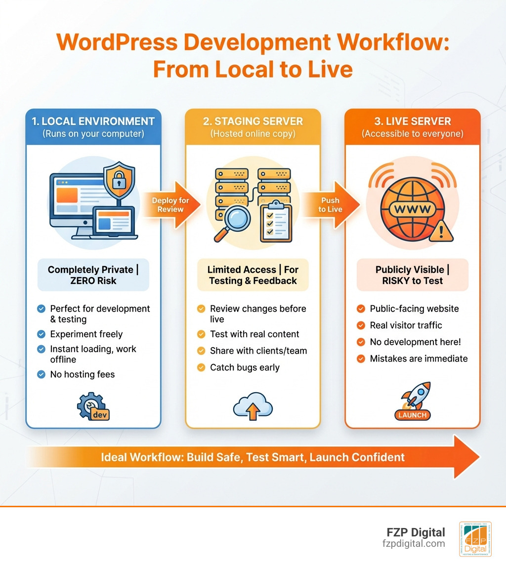 Infographic showing the workflow differences between a Live Server (accessible to everyone, risky to test), Staging Server (copy of live site for testing, hosted online), and Local Environment (runs on your computer, completely private, perfect for development and testing without any risk to live sites) - local WordPress designer infographic Infographic showing the workflow differences between a Live Server (accessible to everyone, risky to test), Staging Server (copy of live site for testing, hosted online), and Local Environment (runs on your computer, completely private, perfect for development and testing without any risk to live sites) - local WordPress designer infographic