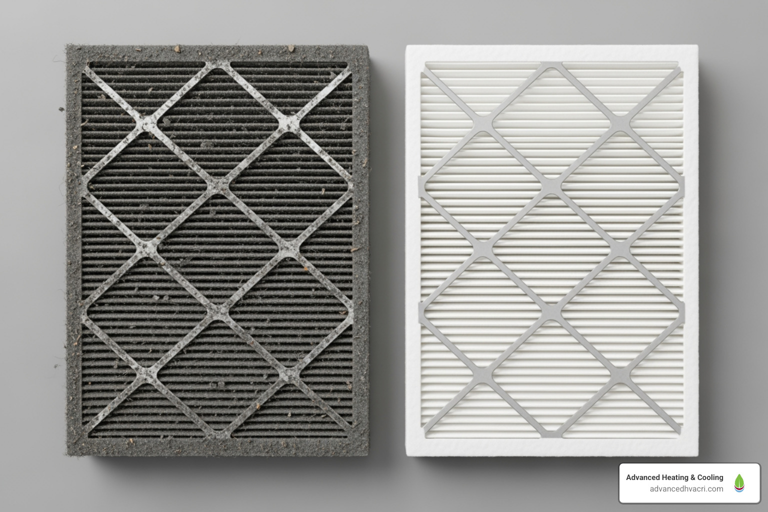 dirty, clogged air filter next to a clean one - air and heat repair