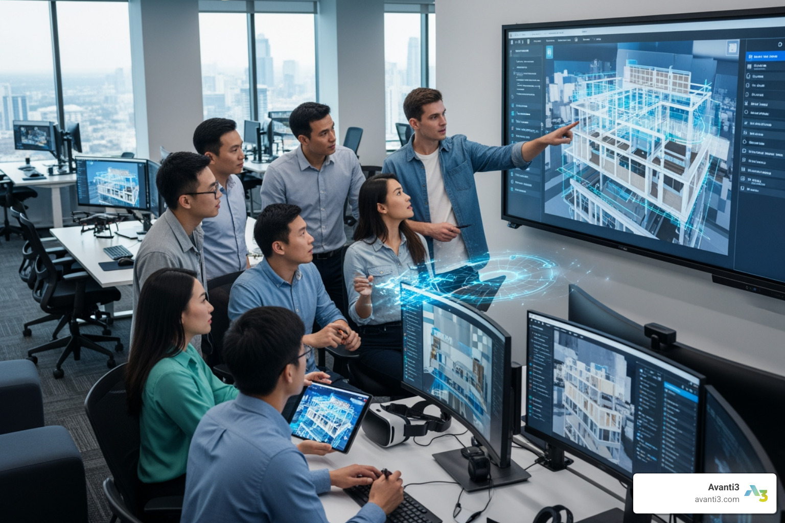 a development team collaborating on an AR project on a large screen - augmented reality applications developers