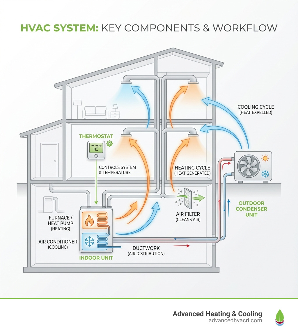 Infographic showing the main components of an HVAC system including the furnace or heat pump for heating, air conditioner for cooling, thermostat for control, ductwork for air distribution, air filter for cleaning air, and outdoor condenser unit, with arrows showing how they work together to maintain home comfort - air and heat repair infographic 