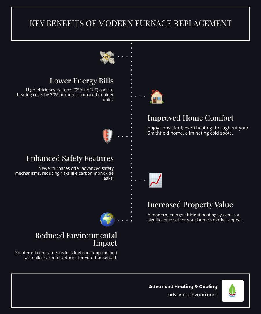 infographic showing benefits of furnace replacement including lower energy bills, improved comfort, enhanced safety, increased home value, and reduced environmental impact with AFUE rating comparison between old and new systems - Smithfield furnace replacement company infographic infographic-line-5-steps-dark infographic showing benefits of furnace replacement including lower energy bills, improved comfort, enhanced safety, increased home value, and reduced environmental impact with AFUE rating comparison between old and new systems - Smithfield furnace replacement company infographic infographic-line-5-steps-dark