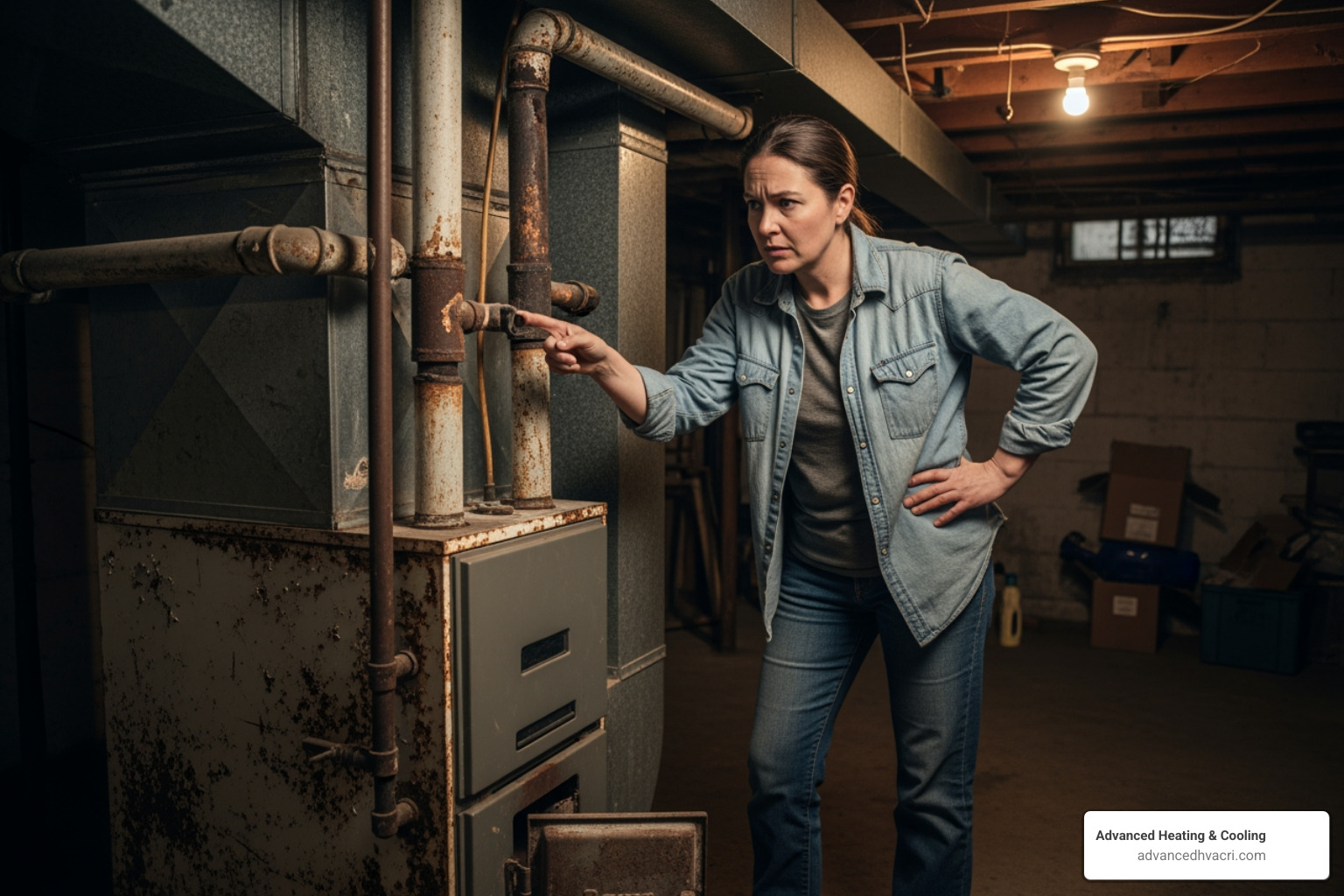 homeowner looking concerned at an old, rusty furnace - Smithfield furnace replacement company homeowner looking concerned at an old, rusty furnace - Smithfield furnace replacement company