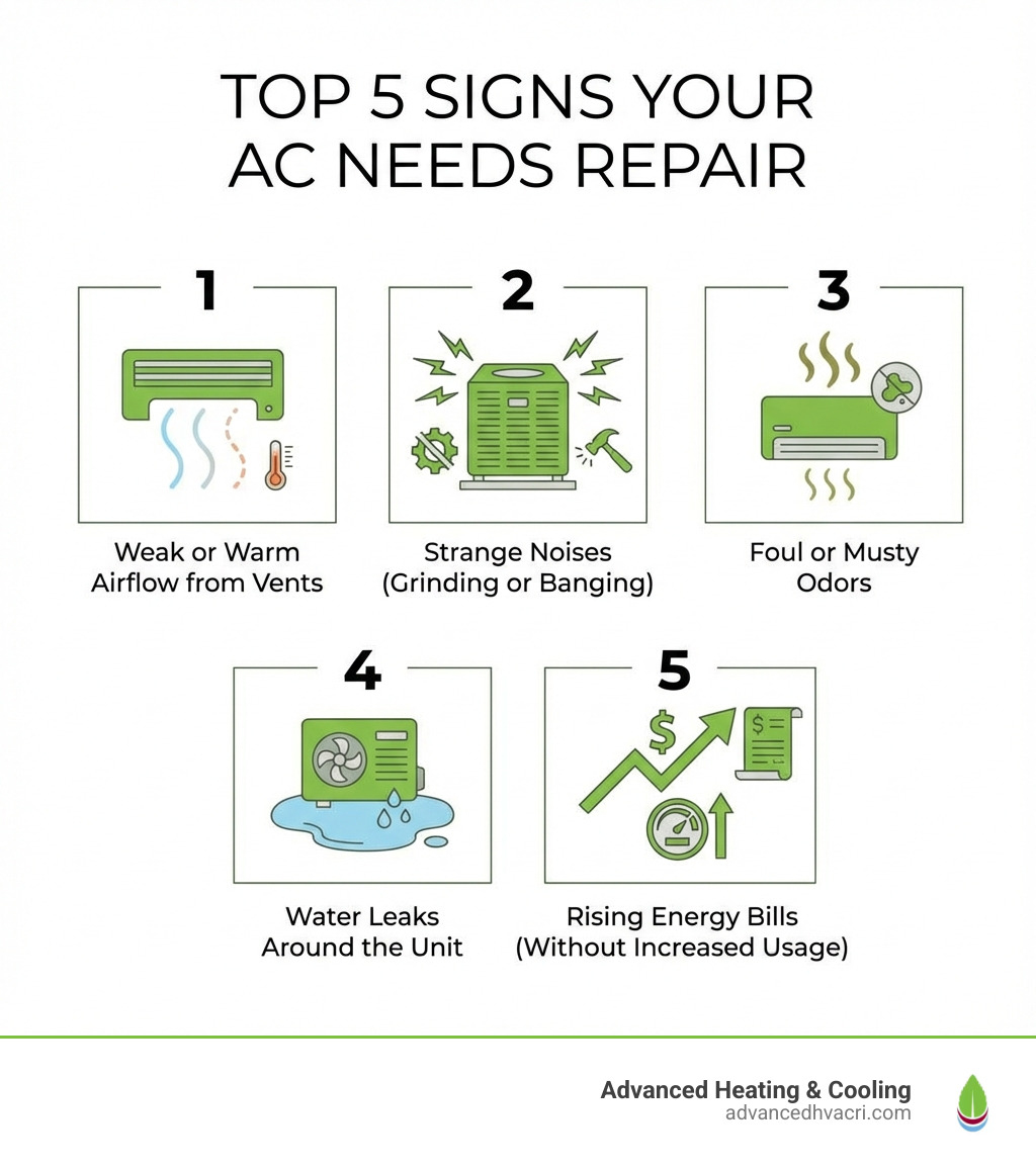 Infographic showing the top 5 signs your AC needs repair: 1) Weak or warm airflow from vents, 2) Strange noises like grinding or banging, 3) Foul or musty odors, 4) Water leaks around the unit, 5) Rising energy bills without increased usage - aircond repair service infographic Infographic showing the top 5 signs your AC needs repair: 1) Weak or warm airflow from vents, 2) Strange noises like grinding or banging, 3) Foul or musty odors, 4) Water leaks around the unit, 5) Rising energy bills without increased usage - aircond repair service infographic
