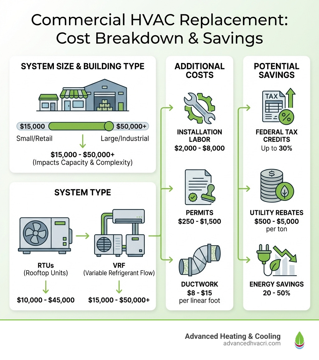 infographic showing commercial HVAC replacement cost breakdown with key factors: system size and building type ($15,000-$50,000+ range), system type (RTUs $10,000-$45,000, VRF $15,000-$50,000+), additional costs (installation labor $2,000-$8,000, permits $250-$1,500, ductwork $8-$15 per linear foot), and potential savings (federal tax credits up to 30%, utility rebates $500-$5,000 per ton, energy savings 20-50%) - Commercial HVAC replacement cost infographic 