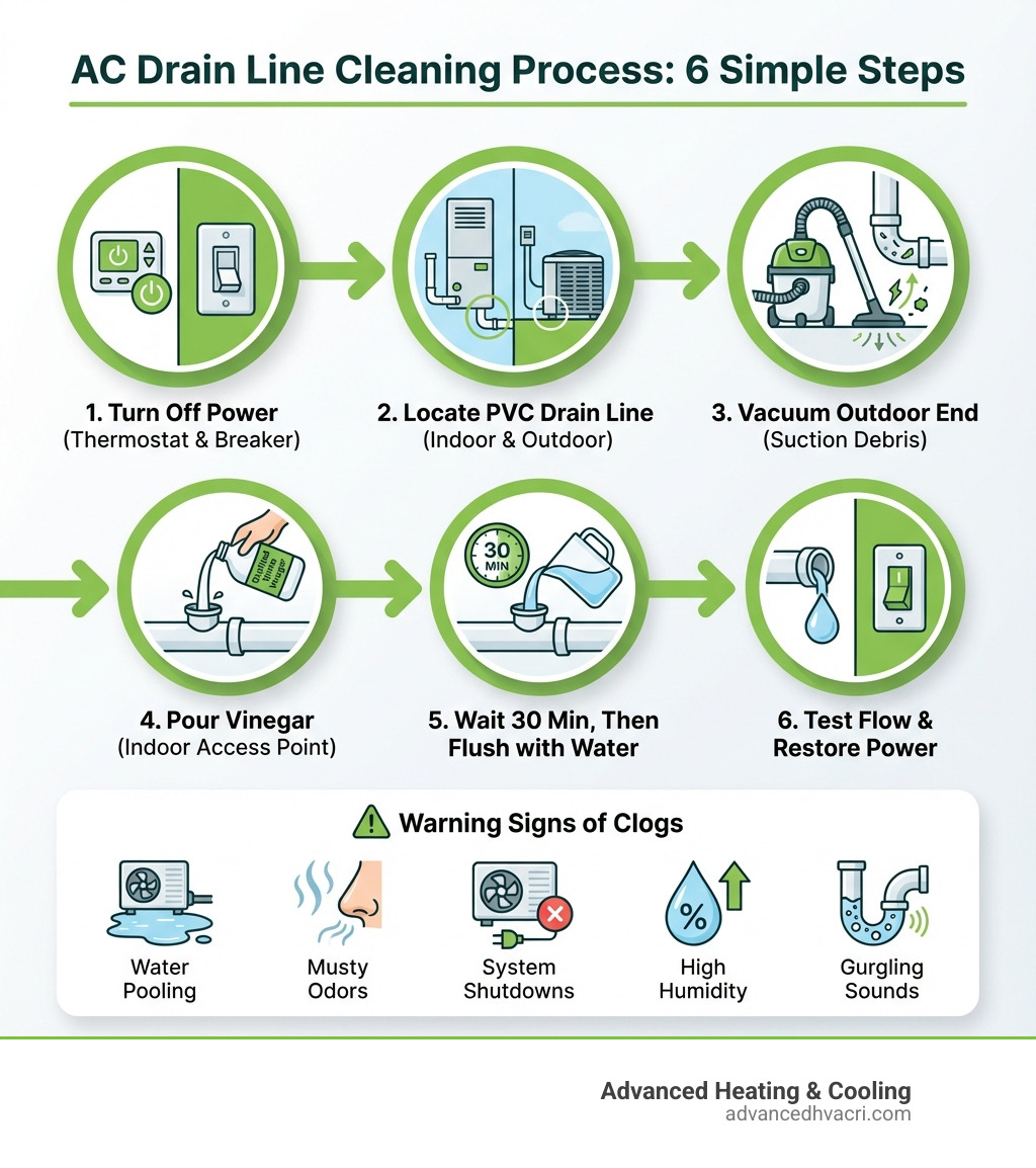 Infographic showing the AC drain line cleaning process: 1. Turn off power to your AC system at thermostat and breaker box, 2. Locate the PVC drain line near indoor air handler and outdoor condenser, 3. Use wet/dry vacuum to suction debris from outdoor end, 4. Pour distilled white vinegar into indoor access point, 5. Wait 30 minutes then flush with water, 6. Test flow and restore power. Includes warning signs of clogs: water pooling, musty odors, system shutdowns, high humidity, and gurgling sounds. - AC drain line cleaning infographic Infographic showing the AC drain line cleaning process: 1. Turn off power to your AC system at thermostat and breaker box, 2. Locate the PVC drain line near indoor air handler and outdoor condenser, 3. Use wet/dry vacuum to suction debris from outdoor end, 4. Pour distilled white vinegar into indoor access point, 5. Wait 30 minutes then flush with water, 6. Test flow and restore power. Includes warning signs of clogs: water pooling, musty odors, system shutdowns, high humidity, and gurgling sounds. - AC drain line cleaning infographic