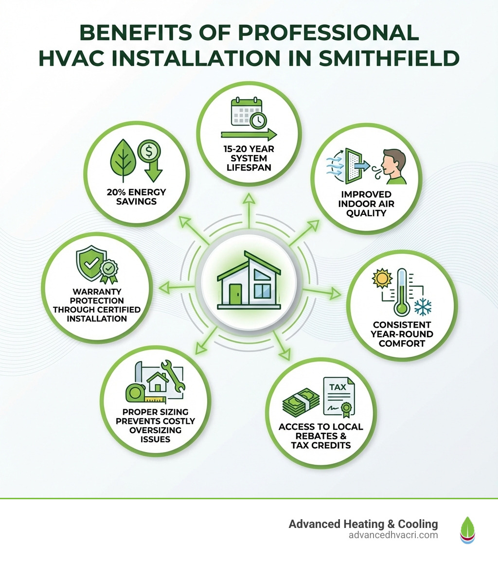 Infographic showing benefits of professional HVAC installation in Smithfield: 20% energy savings, 15-20 year system lifespan, improved indoor air quality, consistent year-round comfort, access to local rebates and tax credits, proper sizing prevents costly oversizing issues, and warranty protection through certified installation - Smithfield HVAC installation services infographic 