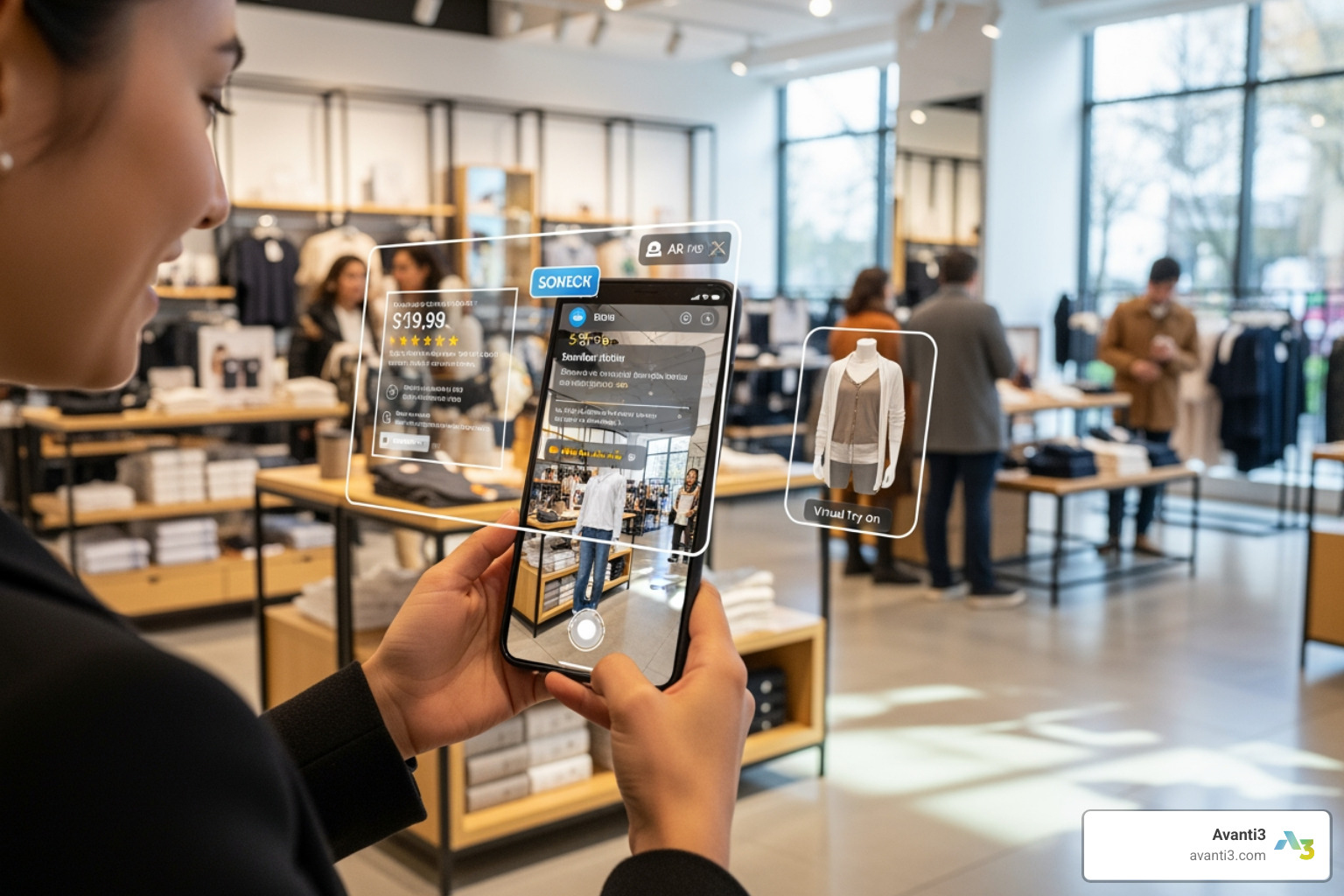 a person interacting with an AR overlay in a retail environment - augmented reality applications developers