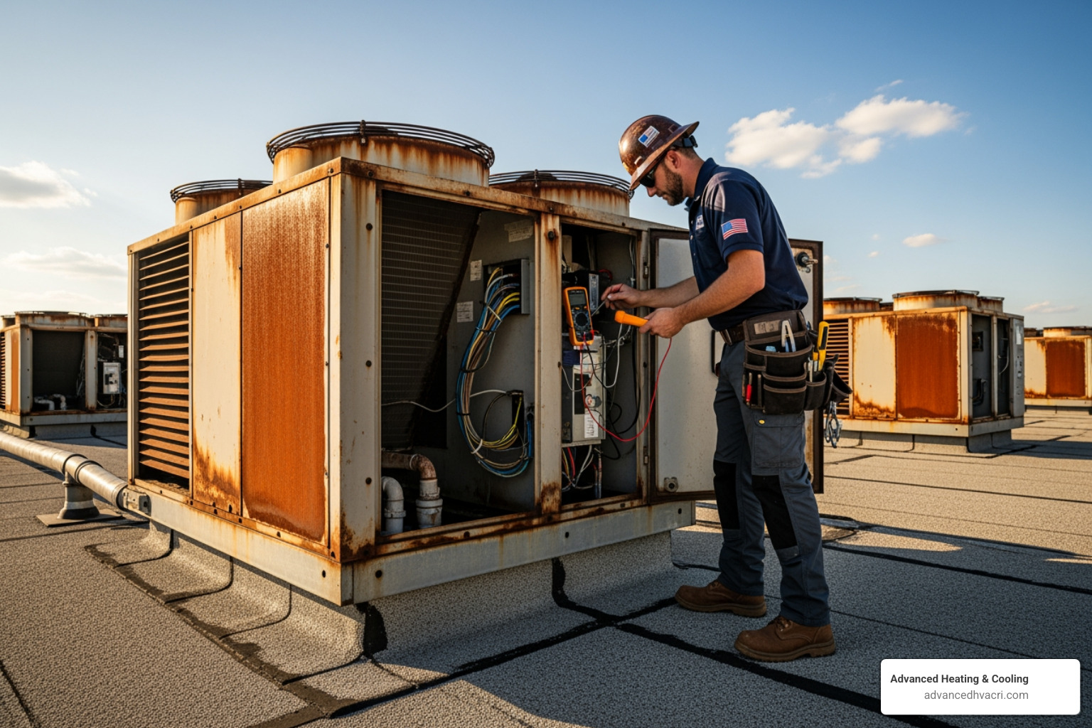 Image of a technician inspecting an old, rusted commercial HVAC unit - commercial hvac replacement