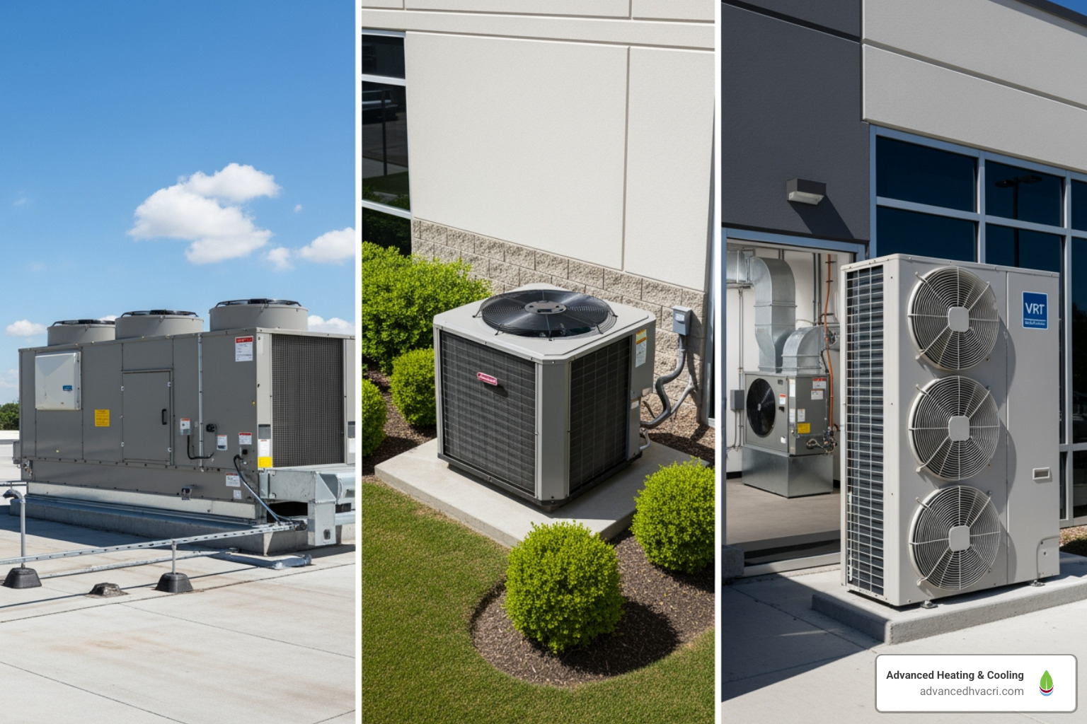 Image of a split-screen showing different types of commercial HVAC systems (RTU, Split, VRF) - commercial hvac replacement